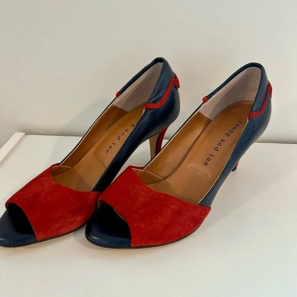 Young and Tae Blue & Red Peel Toe Heels - Picture 5 of 6